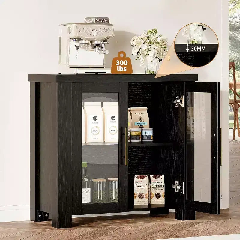 Buffet de cuisine 84 cm/150 cm avec portes en verre trempé – Meuble de rangement en bois pour salle à manger et salon