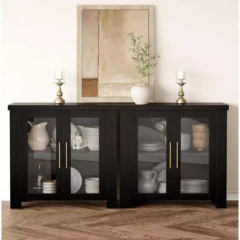 Buffet de cuisine 84 cm/150 cm avec portes en verre trempé – Meuble de rangement en bois pour salle à manger et salon