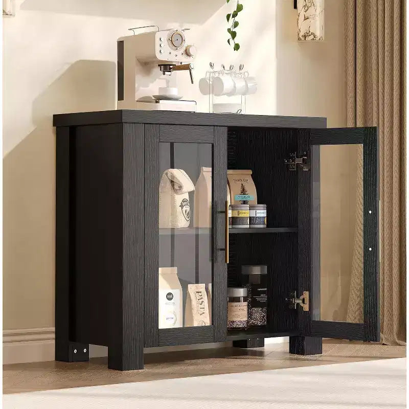 Buffet de cuisine 84 cm/150 cm avec portes en verre trempé – Meuble de rangement en bois pour salle à manger et salon