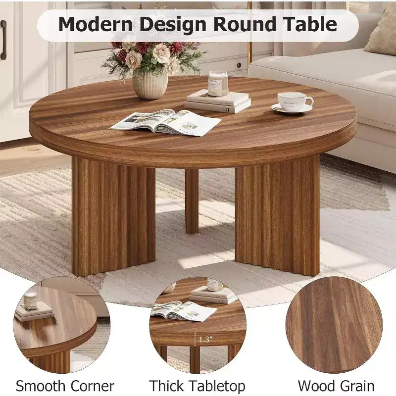 Table Basse Ronde Petite de 33,4 pouces avec Plateau Épais de 1,3 pouce, Table Centrale Circulaire avec Pieds Cannelés, Tables d'Appoint Cocktail pour la Maison, le Bureau