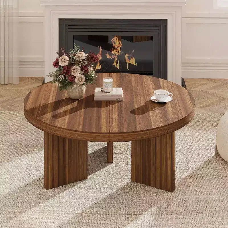 Table Basse Ronde Petite de 33,4 pouces avec Plateau Épais de 1,3 pouce, Table Centrale Circulaire avec Pieds Cannelés, Tables d'Appoint Cocktail pour la Maison, le Bureau
