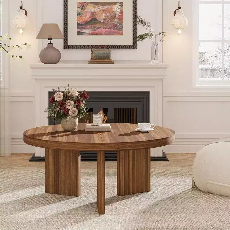 Table Basse Ronde Petite de 33,4 pouces avec Plateau Épais de 1,3 pouce, Table Centrale Circulaire avec Pieds Cannelés, Tables d'Appoint Cocktail pour la Maison, le Bureau