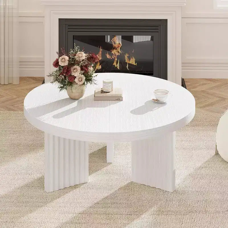 Table Basse Ronde Petite de 33,4 pouces avec Plateau Épais de 1,3 pouce, Table Centrale Circulaire avec Pieds Cannelés, Tables d'Appoint Cocktail pour la Maison, le Bureau