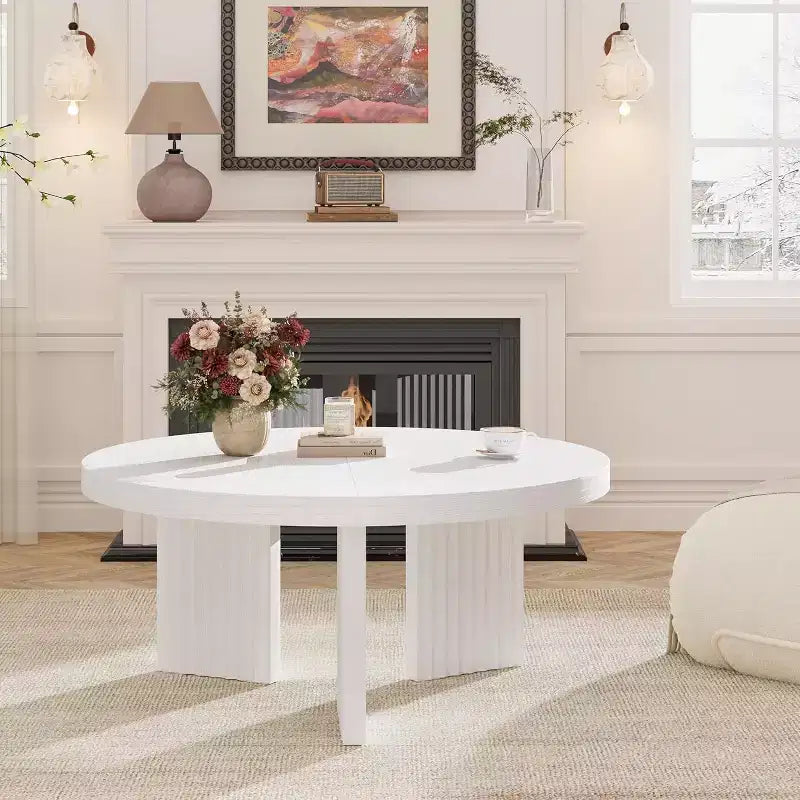 Table Basse Ronde Petite de 33,4 pouces avec Plateau Épais de 1,3 pouce, Table Centrale Circulaire avec Pieds Cannelés, Tables d'Appoint Cocktail pour la Maison, le Bureau