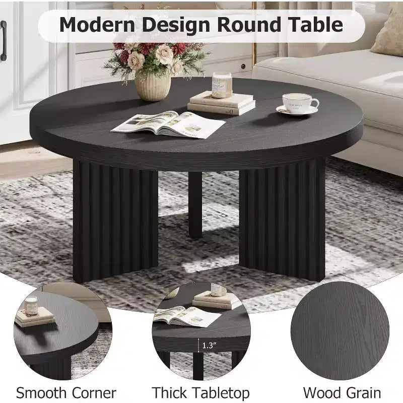 Table Basse Ronde Petite de 33,4 pouces avec Plateau Épais de 1,3 pouce, Table Centrale Circulaire avec Pieds Cannelés, Tables d'Appoint Cocktail pour la Maison, le Bureau