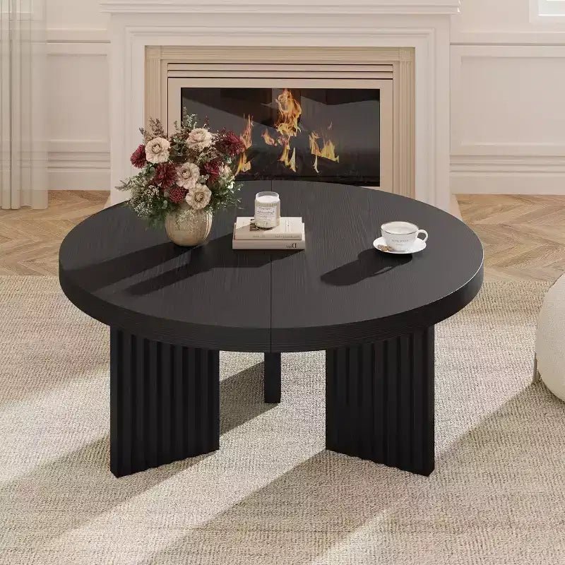 Table Basse Ronde Petite de 33,4 pouces avec Plateau Épais de 1,3 pouce, Table Centrale Circulaire avec Pieds Cannelés, Tables d'Appoint Cocktail pour la Maison, le Bureau