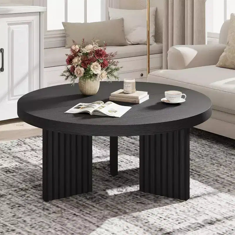 33.4 Small Round Coffee Table with 1.3 Thick Top, Circle Center Table with Fluted Legs, Accent Cocktail Tables for Home, Office