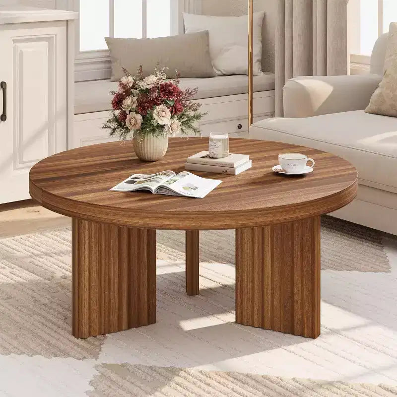 Table Basse Ronde Petite de 33,4 pouces avec Plateau Épais de 1,3 pouce, Table Centrale Circulaire avec Pieds Cannelés, Tables d'Appoint Cocktail pour la Maison, le Bureau