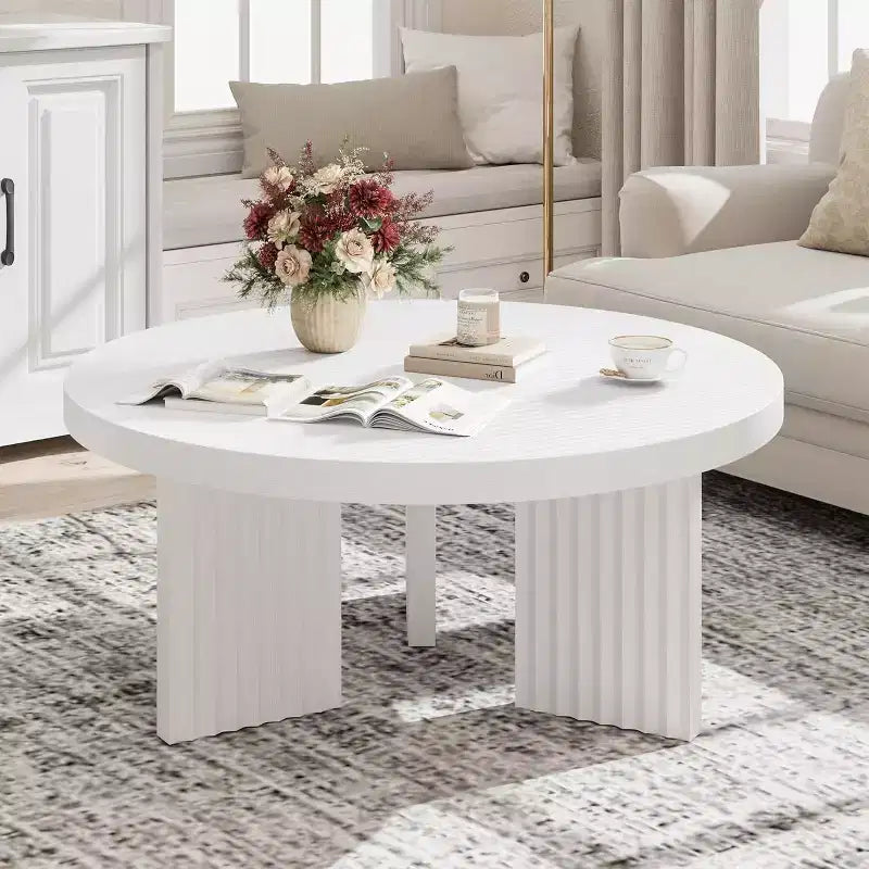 Table Basse Ronde Petite de 33,4 pouces avec Plateau Épais de 1,3 pouce, Table Centrale Circulaire avec Pieds Cannelés, Tables d'Appoint Cocktail pour la Maison, le Bureau