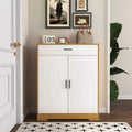 JVNOXK Four-tier shoe rack, freestanding wooden shoe cabinet, featuring two white cabinet doors and adjustable shelves, ideal for entryways