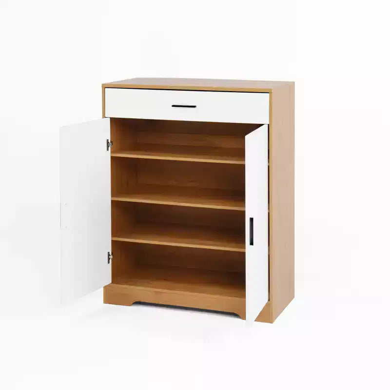 Meuble à chaussures à quatre niveaux, armoire à chaussures en bois autoportante, avec deux portes blanches et des étagères réglables, idéal pour les entrées