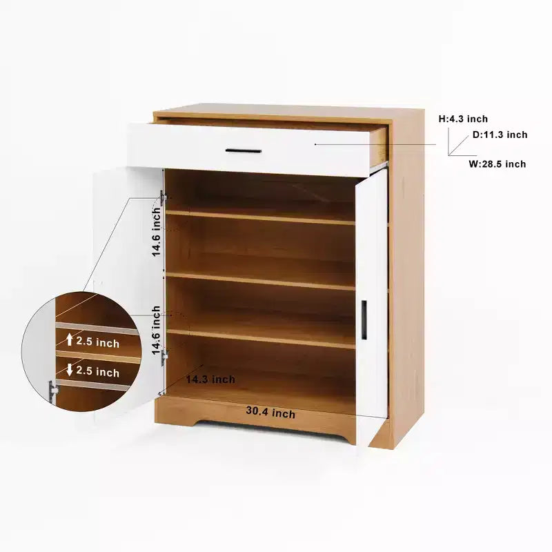 Meuble à chaussures à quatre niveaux, armoire à chaussures en bois autoportante, avec deux portes blanches et des étagères réglables, idéal pour les entrées