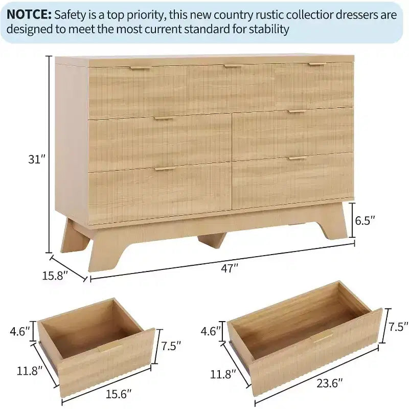 Commode à 7 tiroirs pour chambre à coucher, commode moderne du milieu du siècle, commode cannelée avec tiroirs, meuble TV