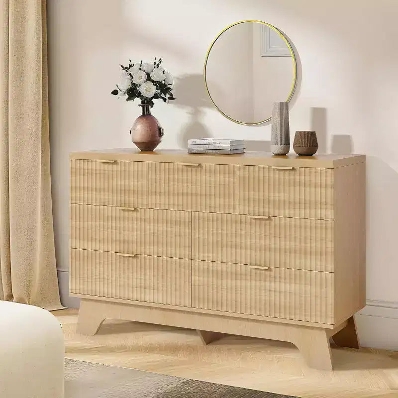 Commode à 7 tiroirs pour chambre à coucher, commode moderne du milieu du siècle, commode cannelée avec tiroirs, meuble TV