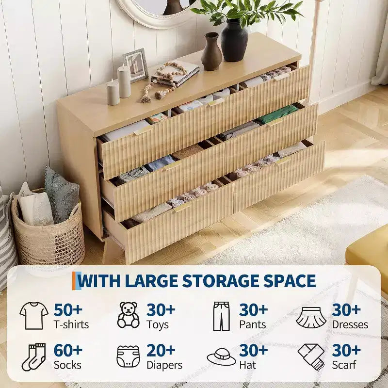 Commode à 7 tiroirs pour chambre à coucher, commode moderne du milieu du siècle, commode cannelée avec tiroirs, meuble TV
