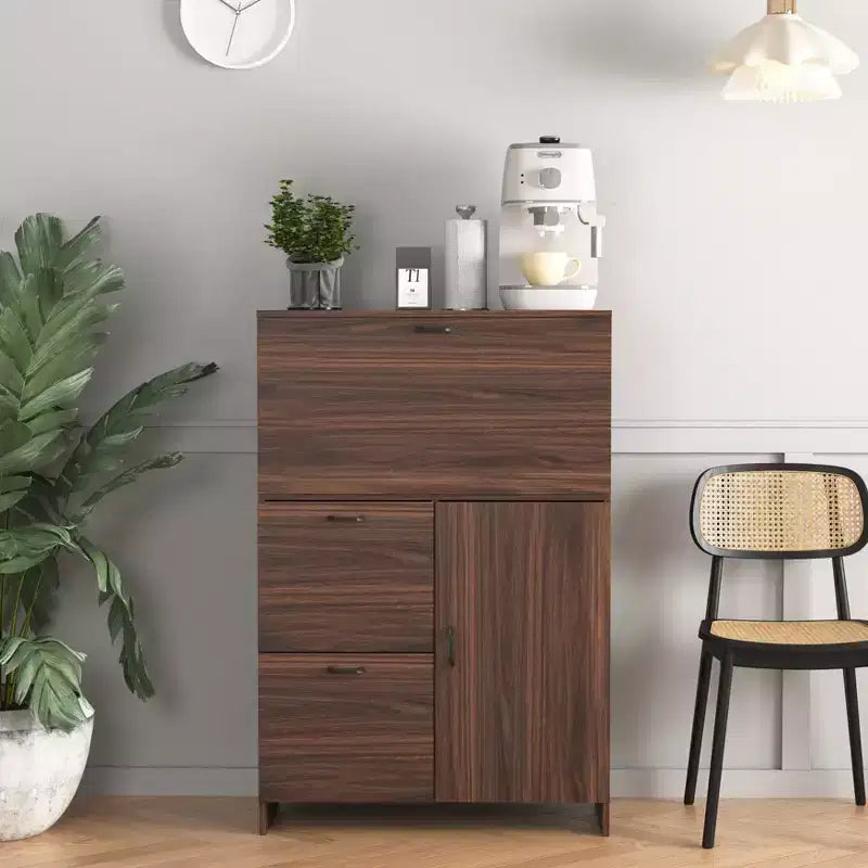 JVNOXK 31-inch desk cabinet with storage drawers and shelves, featuring a foldable tabletopperfect for dorm rooms and compact spaces. Walnut