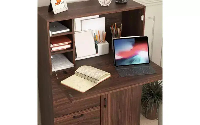 Meuble de bureau de 31 pouces avec tiroirs et étagères de rangement, doté d'une tablette rabattable, idéal pour les dortoirs et les petits espaces. Noyer
