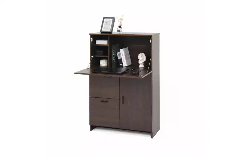 Meuble de bureau de 31 pouces avec tiroirs et étagères de rangement, doté d'une tablette rabattable, idéal pour les dortoirs et les petits espaces. Noyer