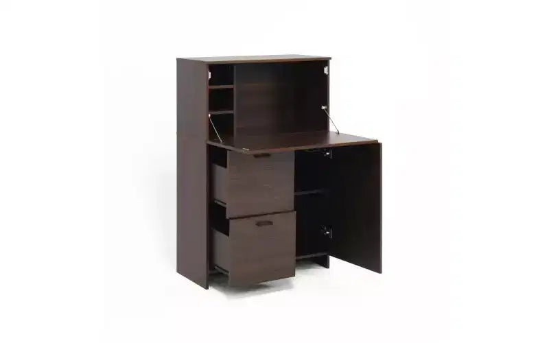 Meuble de bureau de 31 pouces avec tiroirs et étagères de rangement, doté d'une tablette rabattable, idéal pour les dortoirs et les petits espaces. Noyer