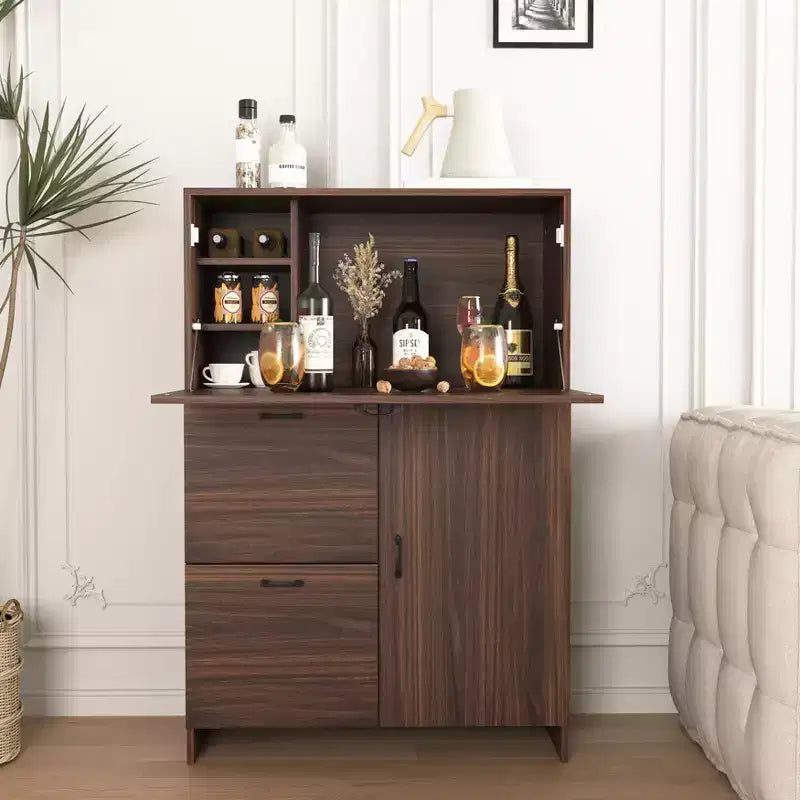 Meuble de bureau de 31 pouces avec tiroirs et étagères de rangement, doté d'une tablette rabattable, idéal pour les dortoirs et les petits espaces. Noyer
