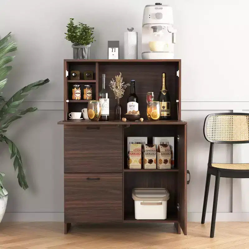 Meuble de bureau de 31 pouces avec tiroirs et étagères de rangement, doté d'une tablette rabattable, idéal pour les dortoirs et les petits espaces. Noyer