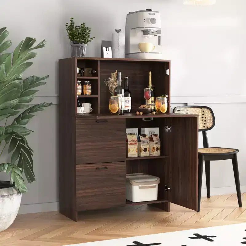 Meuble de bureau de 31 pouces avec tiroirs et étagères de rangement, doté d'une tablette rabattable, idéal pour les dortoirs et les petits espaces. Noyer