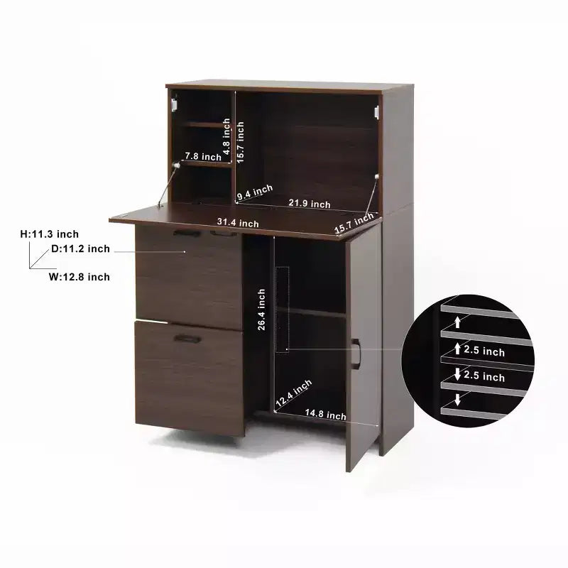 Meuble de bureau de 31 pouces avec tiroirs et étagères de rangement, doté d'une tablette rabattable, idéal pour les dortoirs et les petits espaces. Noyer