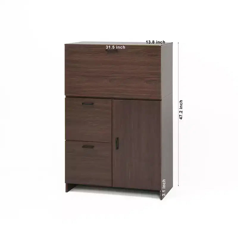 Meuble de bureau de 31 pouces avec tiroirs et étagères de rangement, doté d'une tablette rabattable, idéal pour les dortoirs et les petits espaces. Noyer