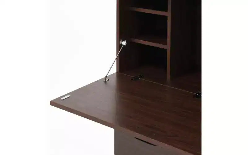 Meuble de bureau de 31 pouces avec tiroirs et étagères de rangement, doté d'une tablette rabattable, idéal pour les dortoirs et les petits espaces. Noyer