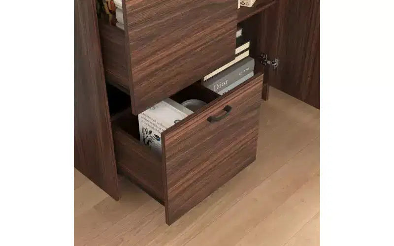 Meuble de bureau de 31 pouces avec tiroirs et étagères de rangement, doté d'une tablette rabattable, idéal pour les dortoirs et les petits espaces. Noyer