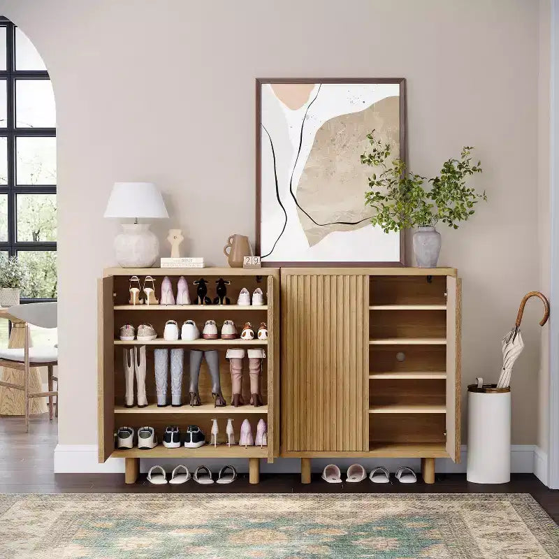 Meuble à chaussures cannelé de 80 cm de large avec bords incurvés, Organiseur de rangement à 5 niveaux pour entrée avec étagères réglables