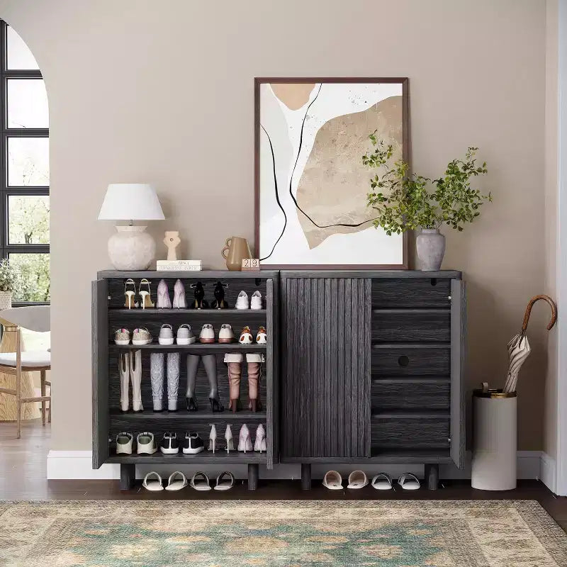 Meuble à chaussures cannelé de 80 cm de large avec bords incurvés, Organiseur de rangement à 5 niveaux pour entrée avec étagères réglables