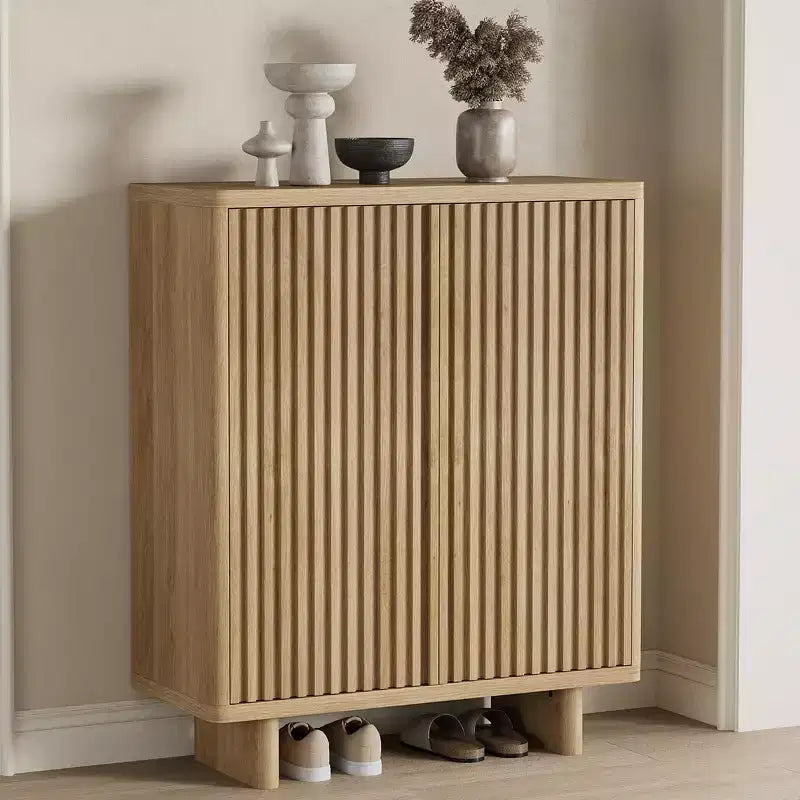 Meuble à chaussures cannelé de 80 cm de large avec bords incurvés, Organiseur de rangement à 5 niveaux pour entrée avec étagères réglables