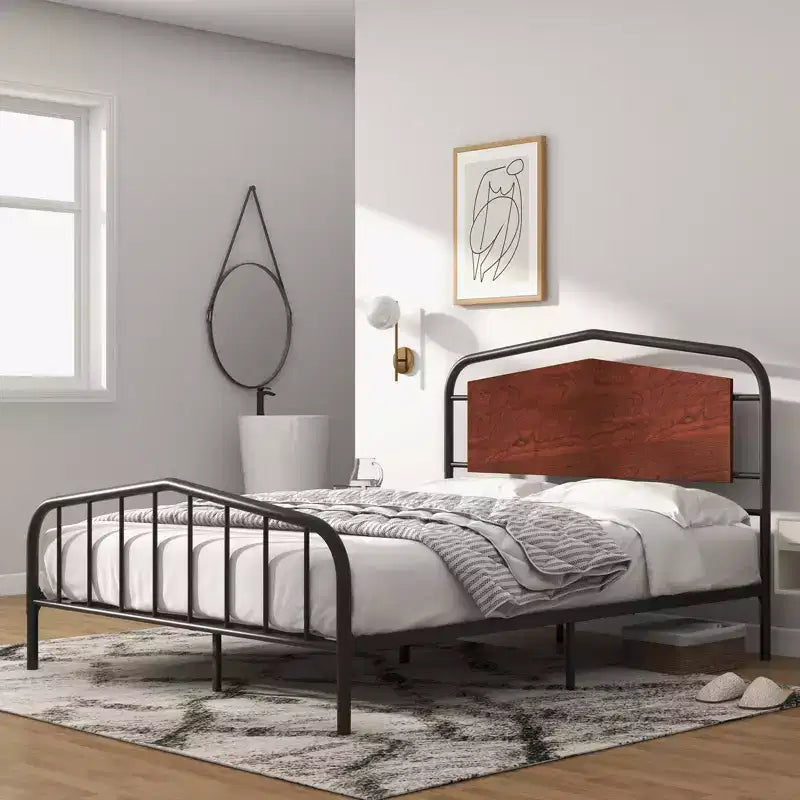 Full Size Bed Frame with Wooden Headboard and Footboard, Heavy Duty Platform Bed with Under-Bed Storage, Solid Metal Construction, Easy Assembly
