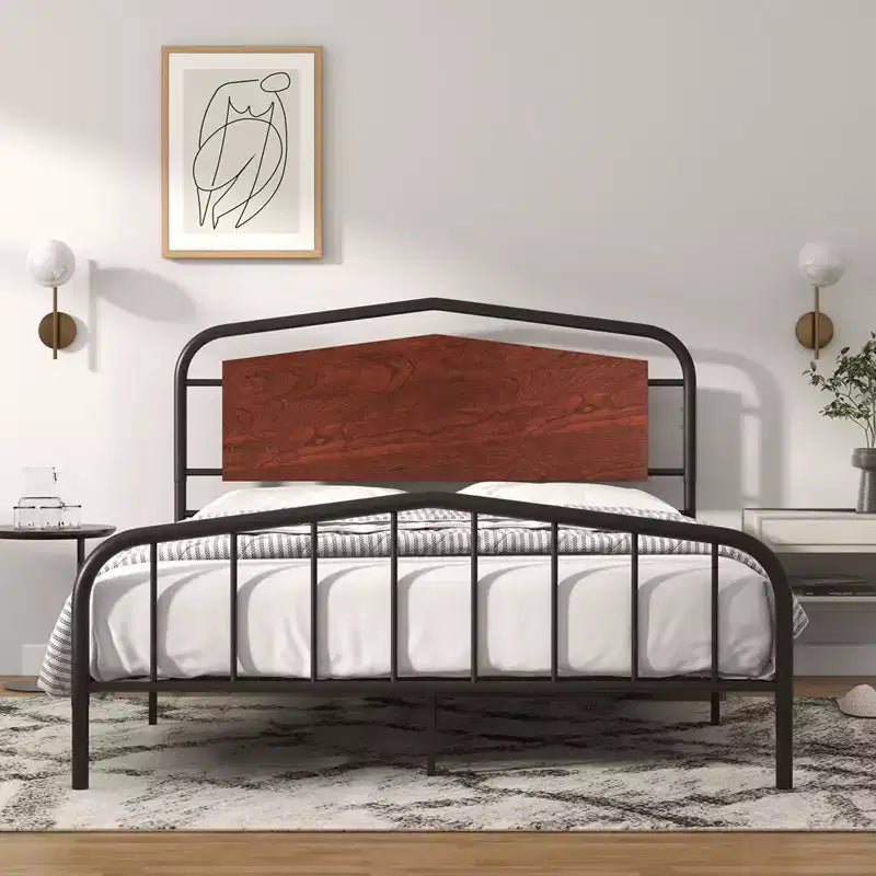 Cadre de lit double avec tête et pied de lit en bois, sommier plateforme robuste avec rangement sous le lit, construction en métal massif, assemblage facile