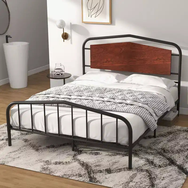 Cadre de lit double avec tête et pied de lit en bois, sommier plateforme robuste avec rangement sous le lit, construction en métal massif, assemblage facile