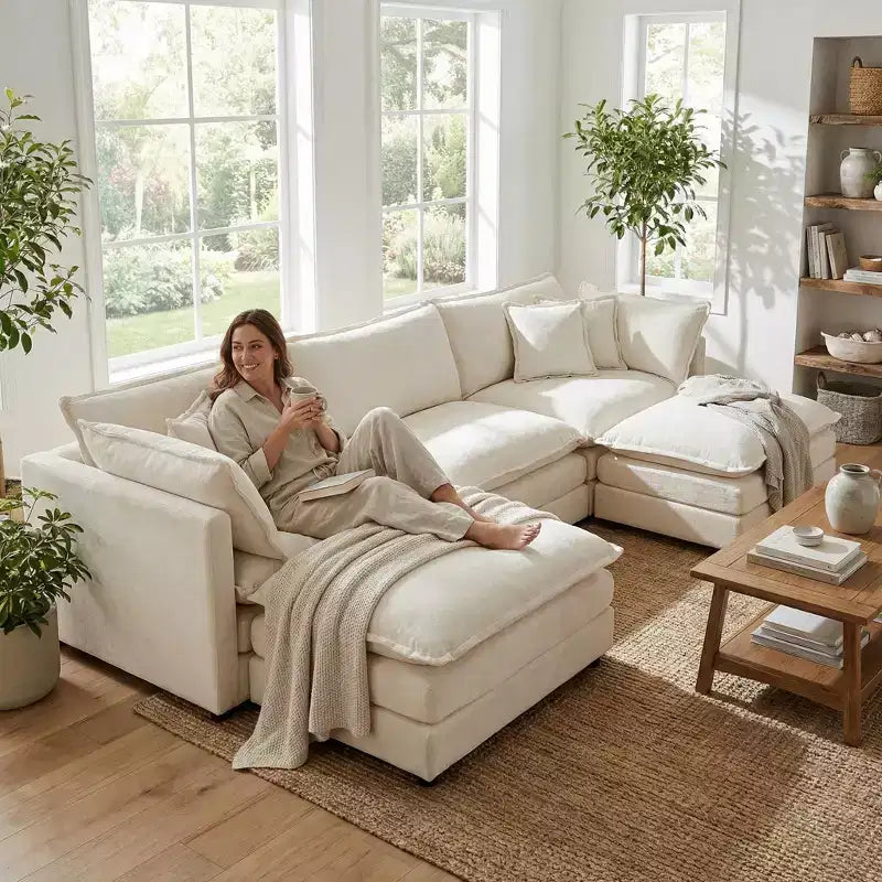 Canapé d'angle modulaire en forme de U en chenille avec ottomans réversibles, confort profond et rembourré, beige