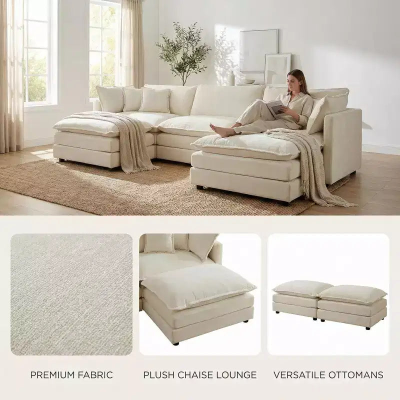 Canapé d'angle modulaire en forme de U en chenille avec ottomans réversibles, confort profond et rembourré, beige