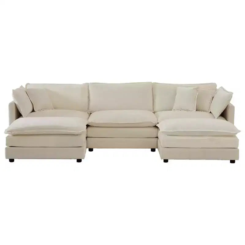 Canapé d'angle modulaire en forme de U en chenille avec ottomans réversibles, confort profond et rembourré, beige
