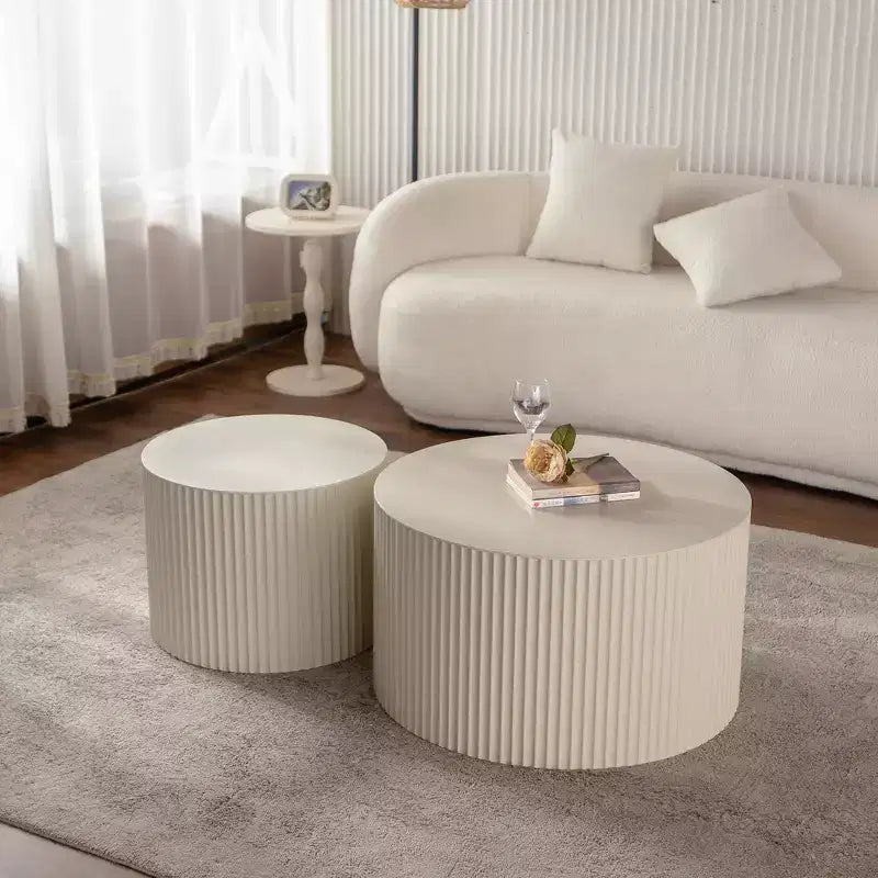 Set of 2 Beige Nesting Drum Side Tables with Wave Stripe Design for Living Room or Bedroom