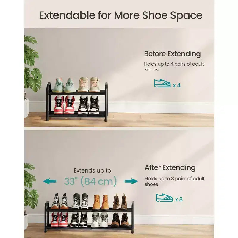 Étagère à chaussures extensible, Organiseur de chaussures réglable, Robuste et Résistant, pour Placard, Entrée, Salon, 2 niveaux, Noir Encre