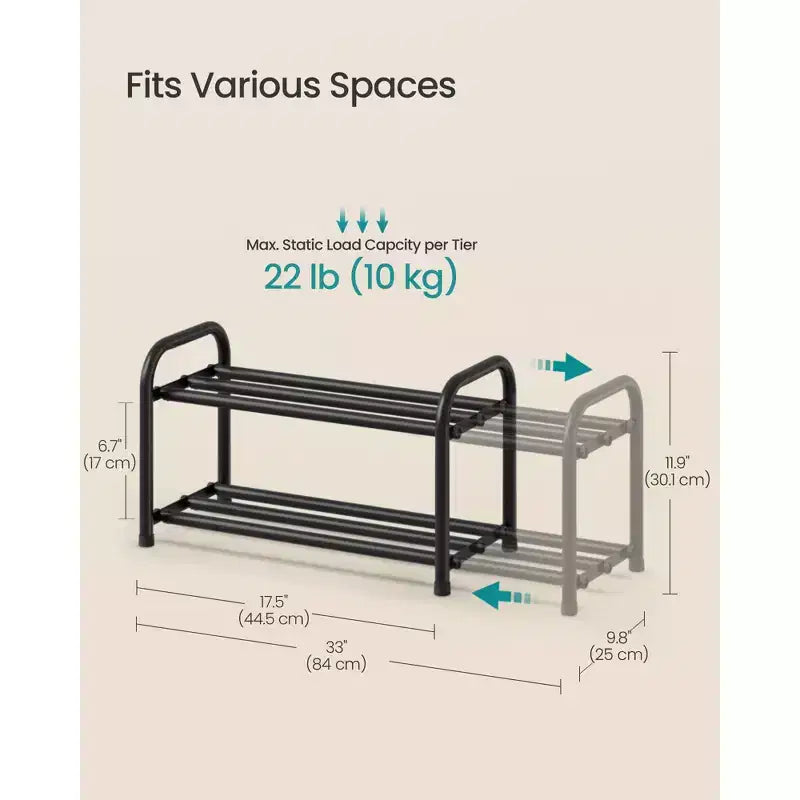 Étagère à chaussures extensible, Organiseur de chaussures réglable, Robuste et Résistant, pour Placard, Entrée, Salon, 2 niveaux, Noir Encre