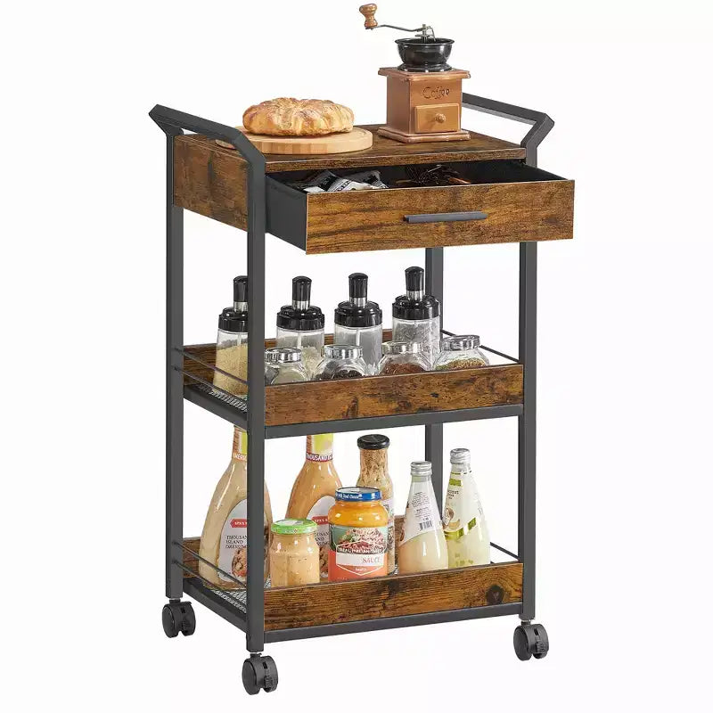 VASAGLE Storage Cart, 3-Tier Rolling Utility Cart with Table Top, Handles, 4 Lockable Casters, Top Drawer, Mesh Shelves, Rustic Brown and Ink Black