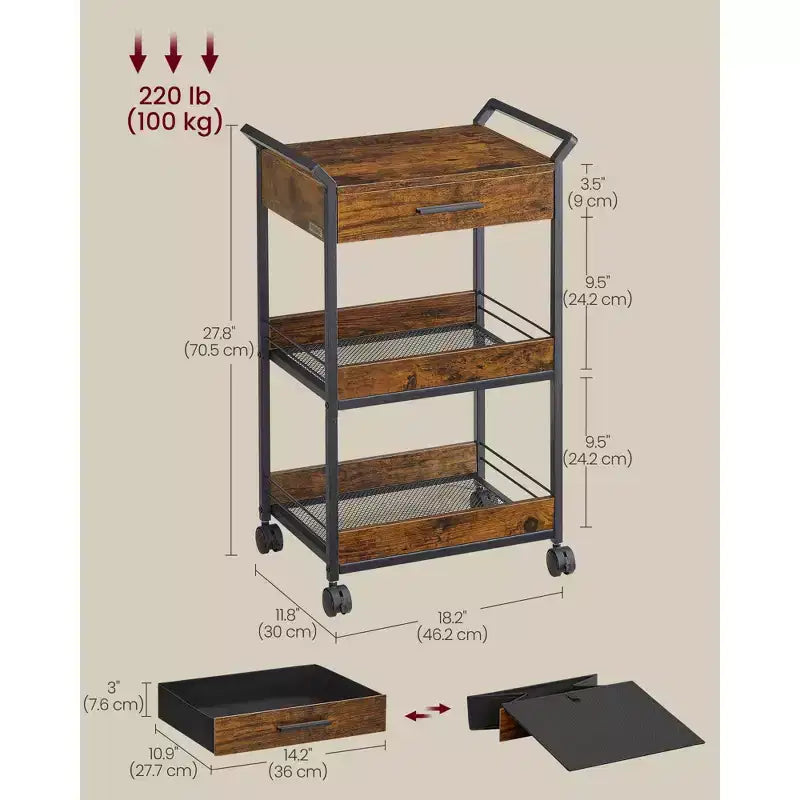 Desserte de rangement roulante à 3 niveaux avec plateau de table, poignées, 4 roulettes verrouillables, tiroir supérieur, étagères grillagées, marron rustique et noir encre