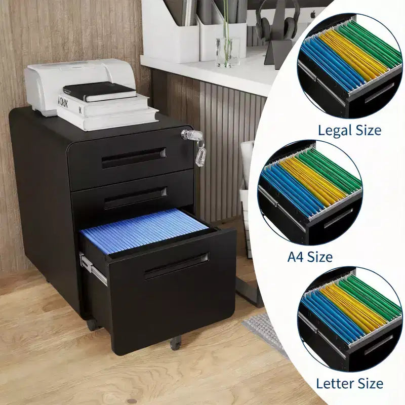 Classeur métallique à 3 tiroirs, verrouillable, entièrement assemblé, rangement mobile sous le bureau sur 5 roulettes, noir