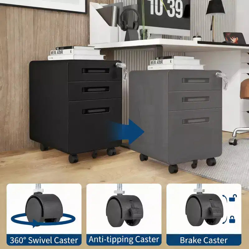 Classeur métallique à 3 tiroirs, verrouillable, entièrement assemblé, rangement mobile sous le bureau sur 5 roulettes, noir