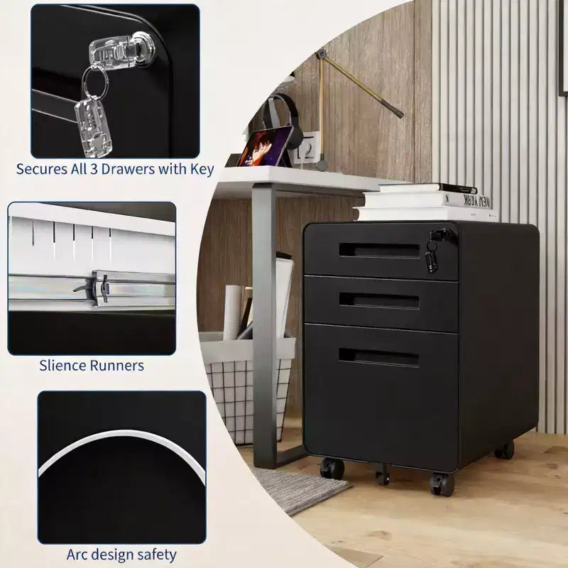 Classeur métallique à 3 tiroirs, verrouillable, entièrement assemblé, rangement mobile sous le bureau sur 5 roulettes, noir