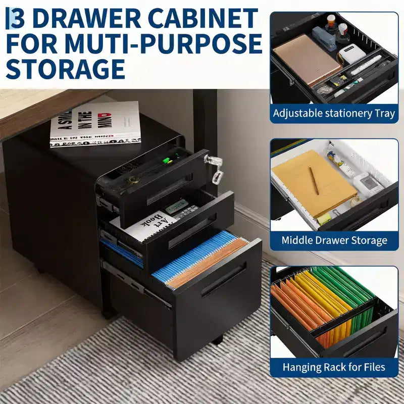 Classeur métallique à 3 tiroirs, verrouillable, entièrement assemblé, rangement mobile sous le bureau sur 5 roulettes, noir