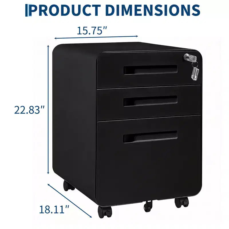 Classeur métallique à 3 tiroirs, verrouillable, entièrement assemblé, rangement mobile sous le bureau sur 5 roulettes, noir