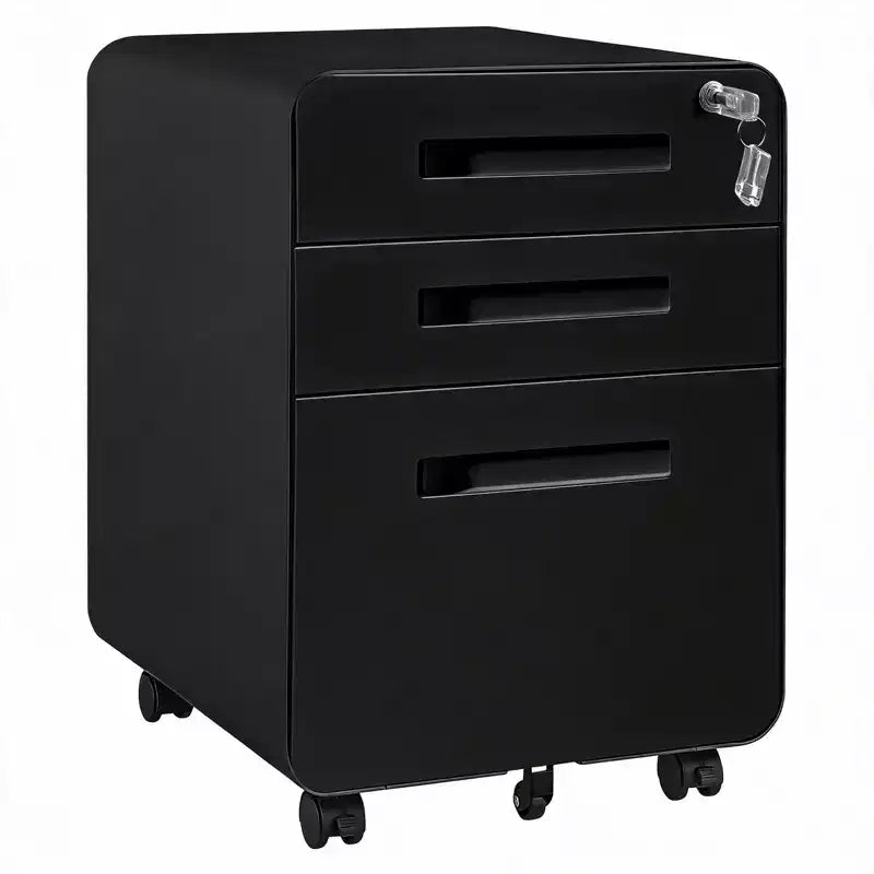 Classeur métallique à 3 tiroirs, verrouillable, entièrement assemblé, rangement mobile sous le bureau sur 5 roulettes, noir